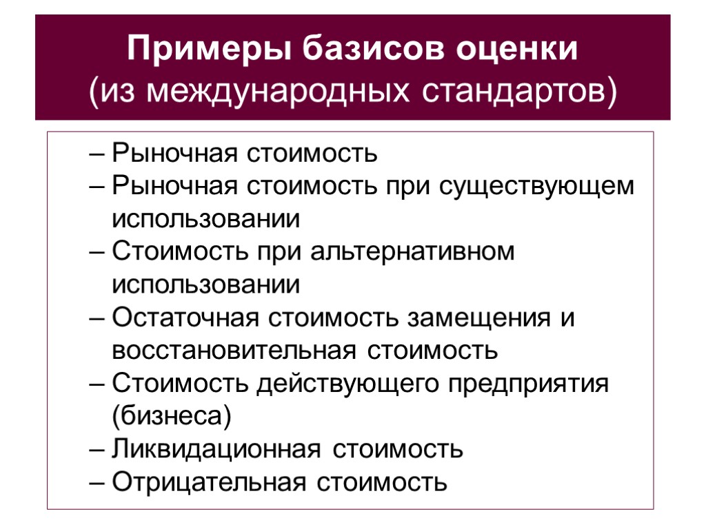 Примеры базисов оценки (из международных стандартов) Рыночная стоимость Рыночная стоимость при существующем использовании Стоимость